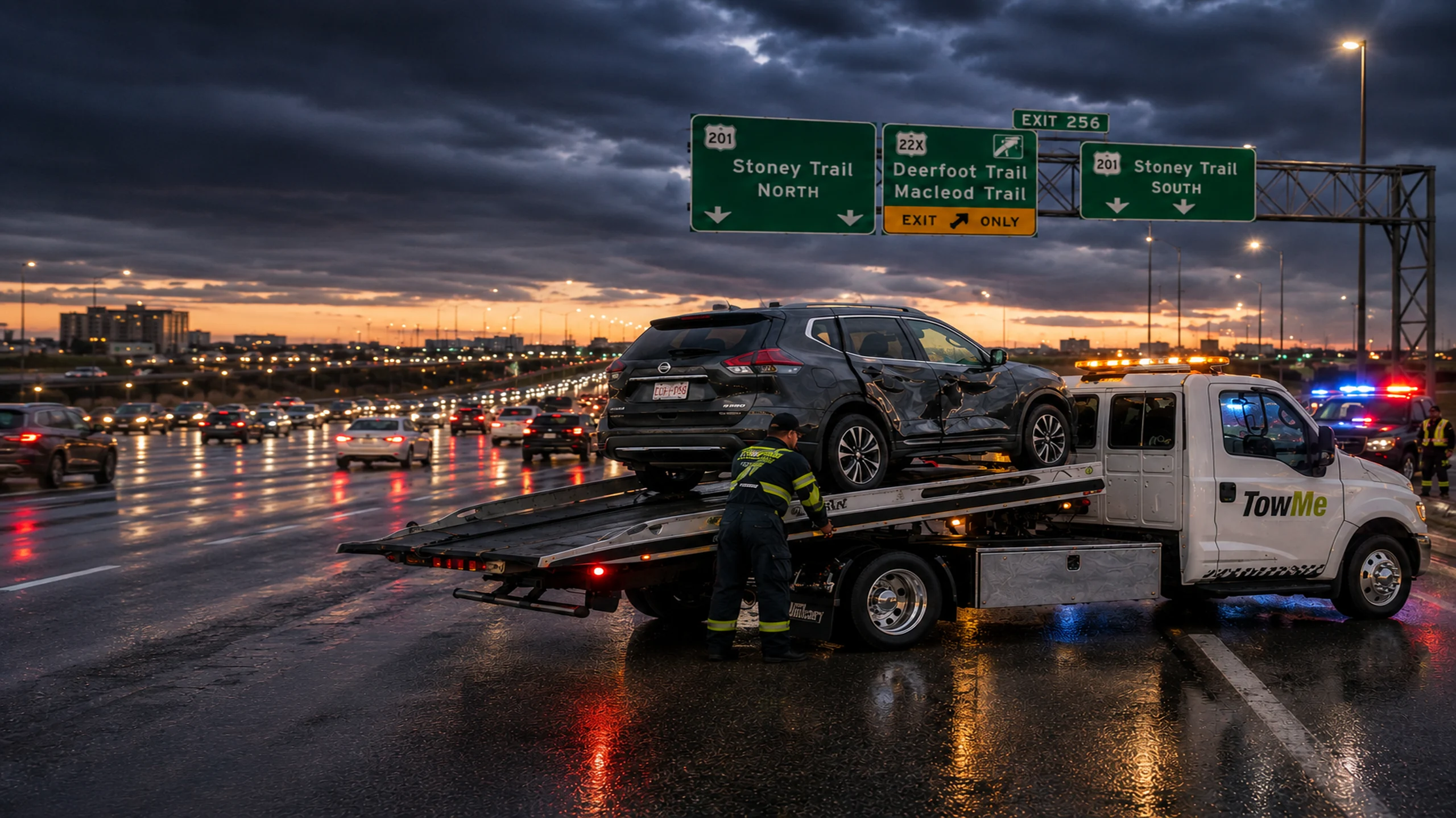 TowMe accident towing truck safely loading a collision-damaged vehicle on Stoney Trail in Calgary.