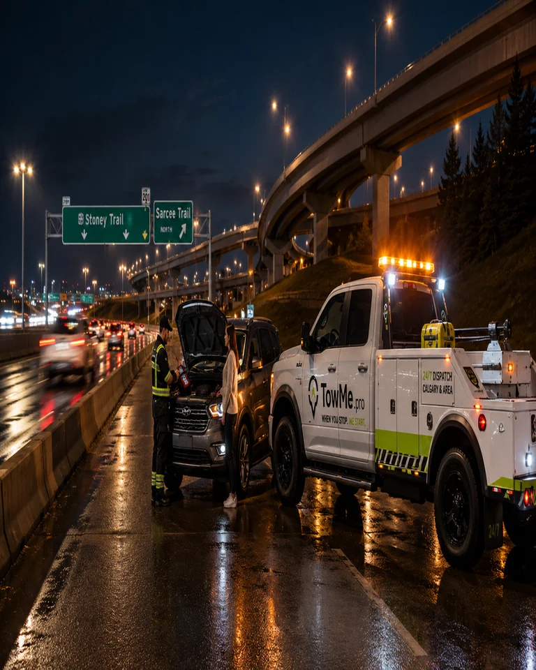 TowMe providing a professional battery boost to a stranded driver in Calgary.