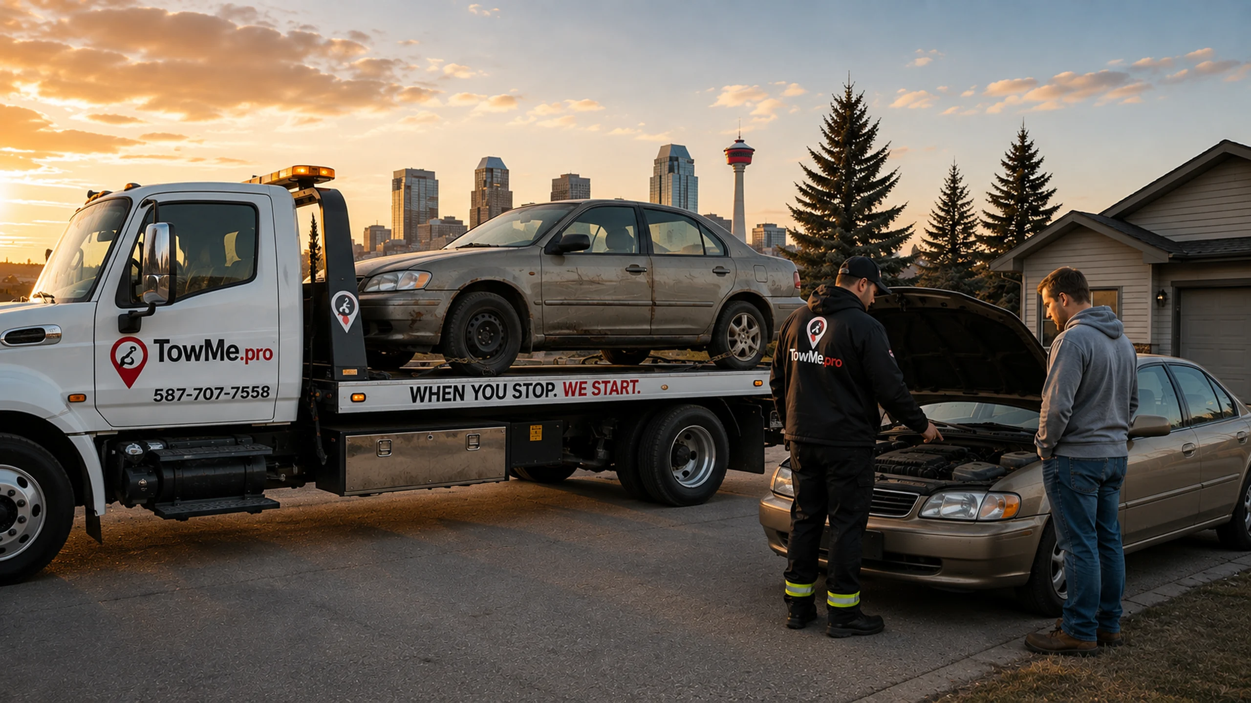 TowMe professional assessing a junk car for cash offer in Calgary, with a flatbed tow truck carrying a scrap vehicle against the Calgary skyline.