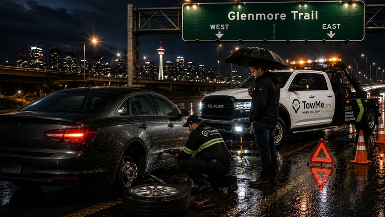 TowMe technician changing a flat tire beside a Calgary roadway at night while a TowMe roadside assistance truck protects the scene.