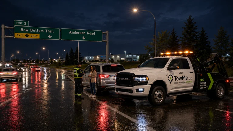 Roadside Assistance Calgary — TowMe helping a stranded driver on Anderson Road near Bow Bottom Trail.