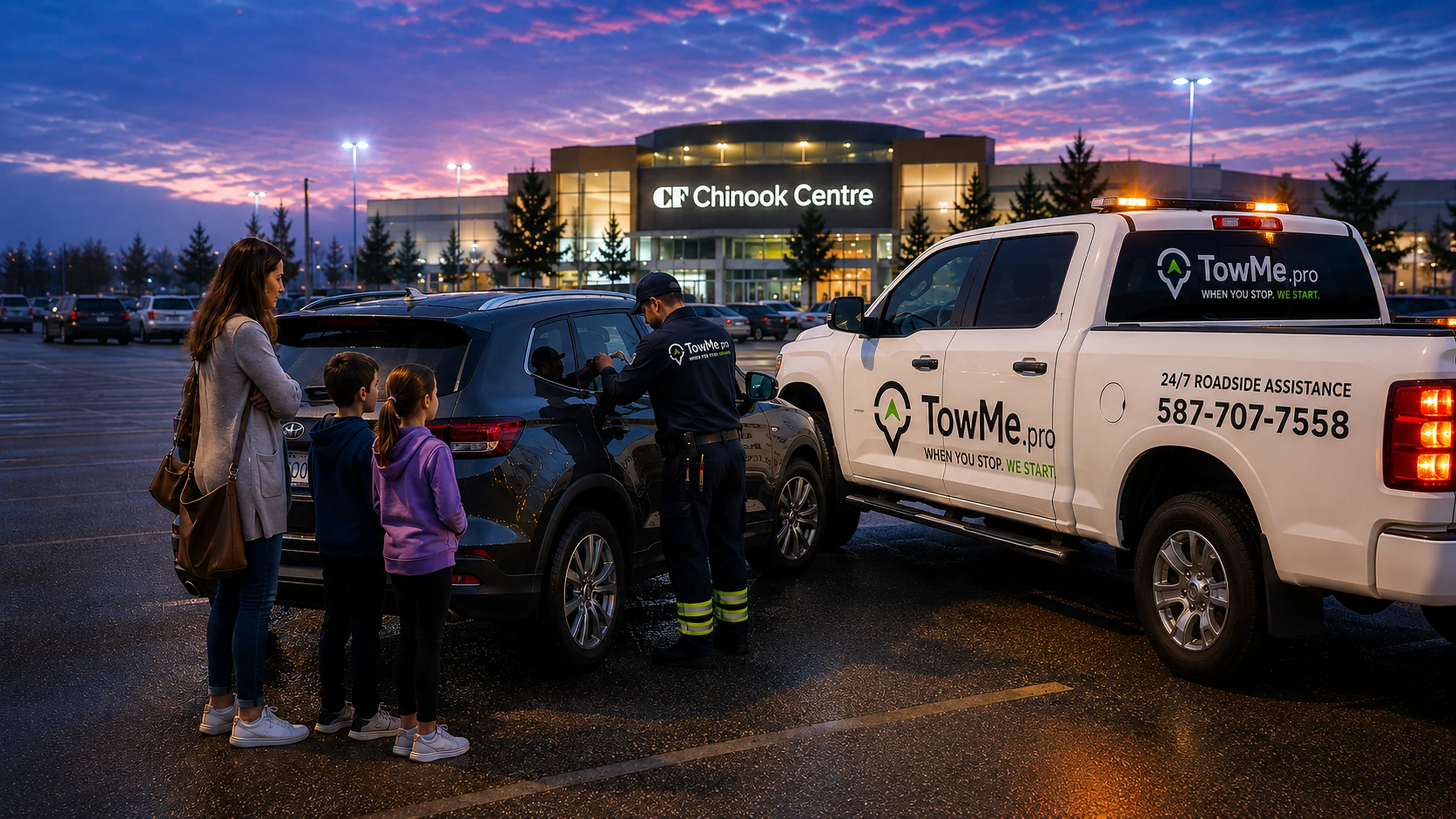 TowMe technician providing vehicle lockout service for a mother and two children at CF Chinook Centre in Calgary.