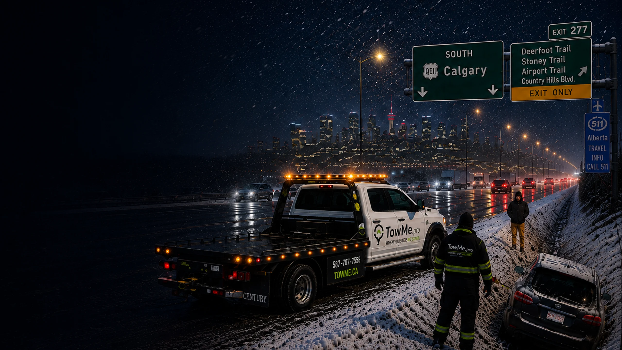 TowMe flatbed tow truck providing emergency winch out service for a vehicle stuck in a snowy roadside ditch near Calgary.